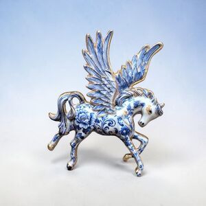 Pegasus Unicorn Brooch Pin, Porcelain Floral Style Flying Horse, Fantasy Jewelry